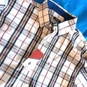 MEN'S WHITE, BLUE COTTON IZOD BUTTON-DOWN SHIRT, BLUE CUFFS. MED. NEW W/TAGS
